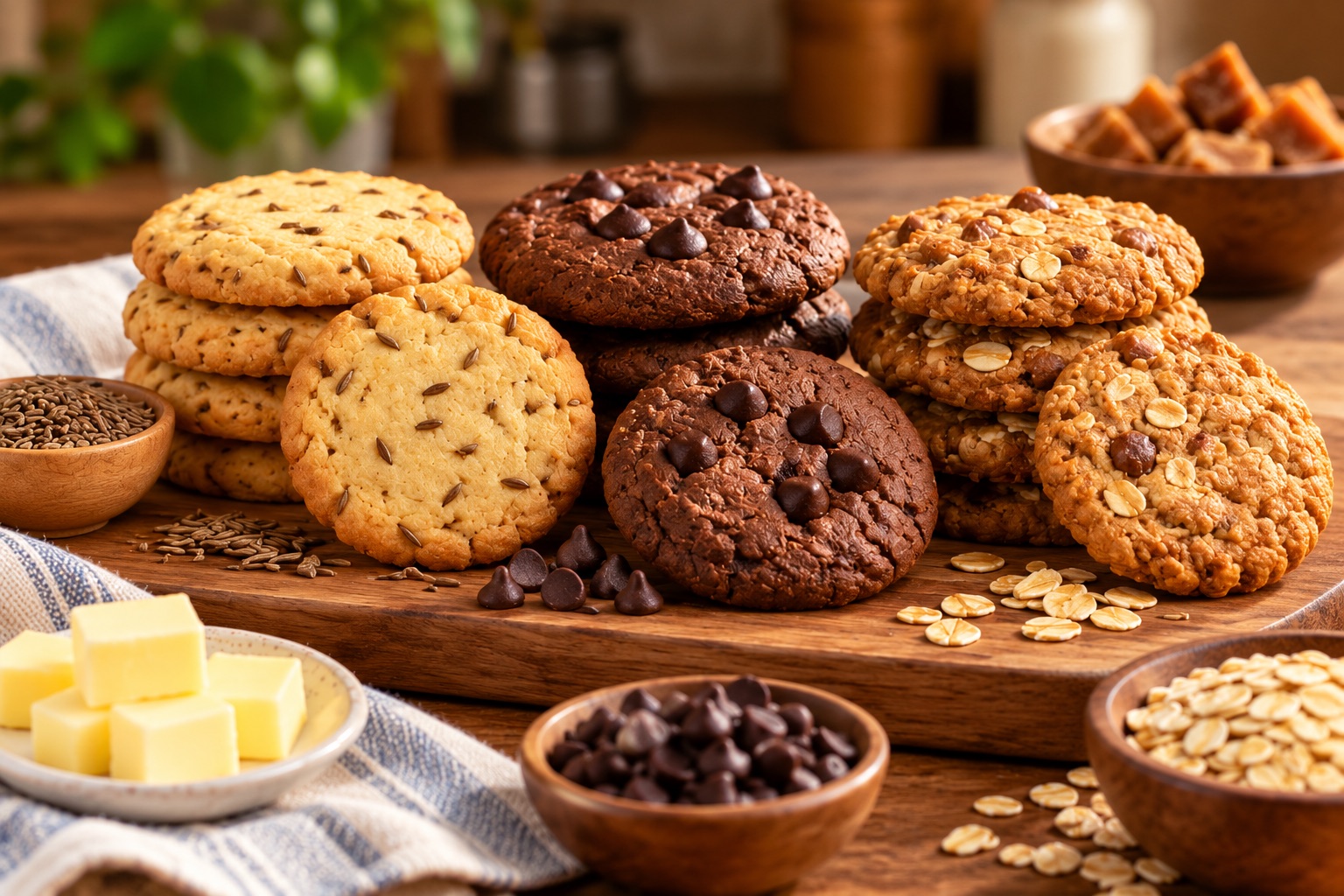 Butter jeera, ragi choco chip and oats jaggery cookies on a wooden board