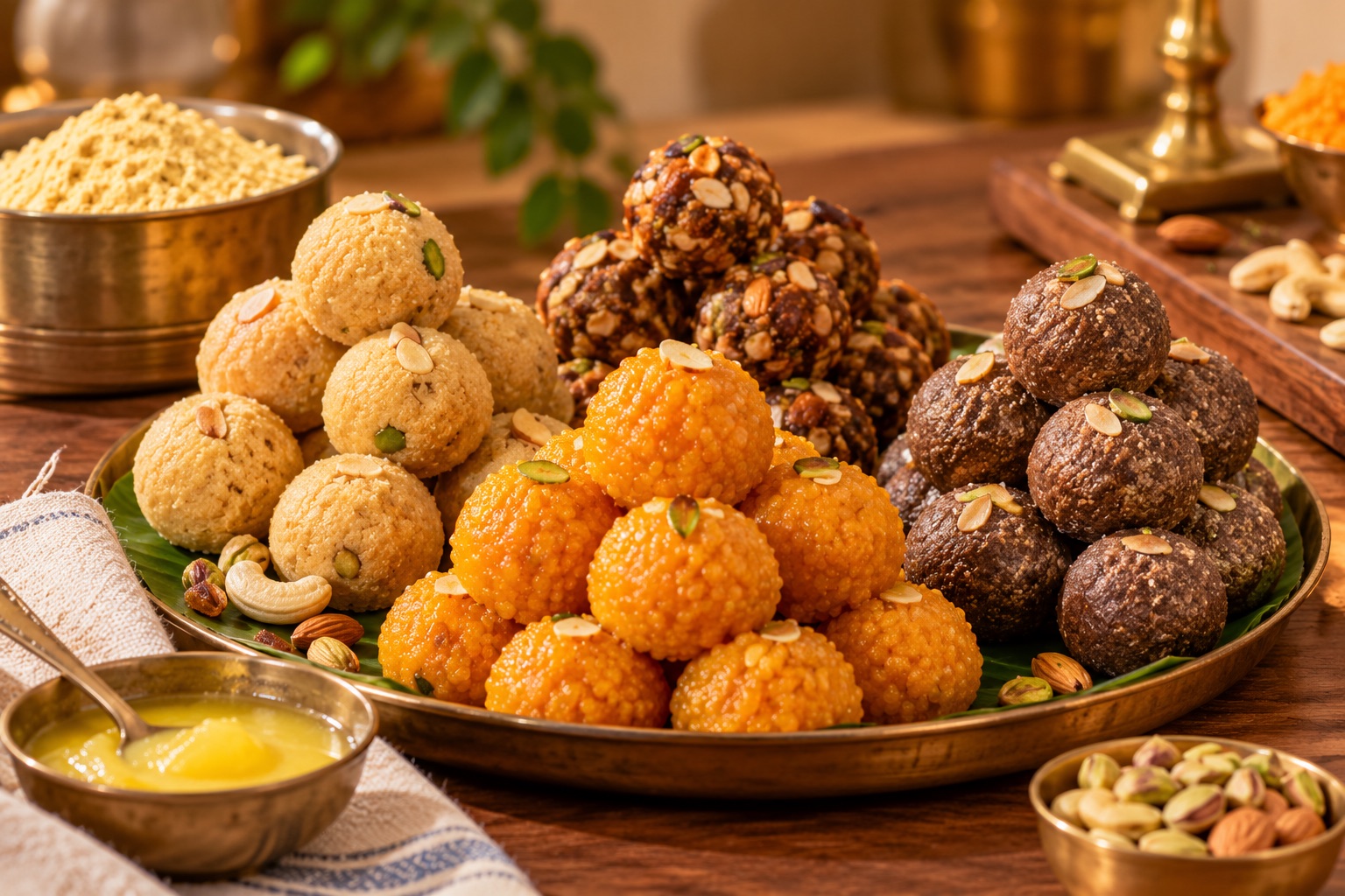 Besan, motichoor, dry-fruit and ragi ladoos on a brass platter