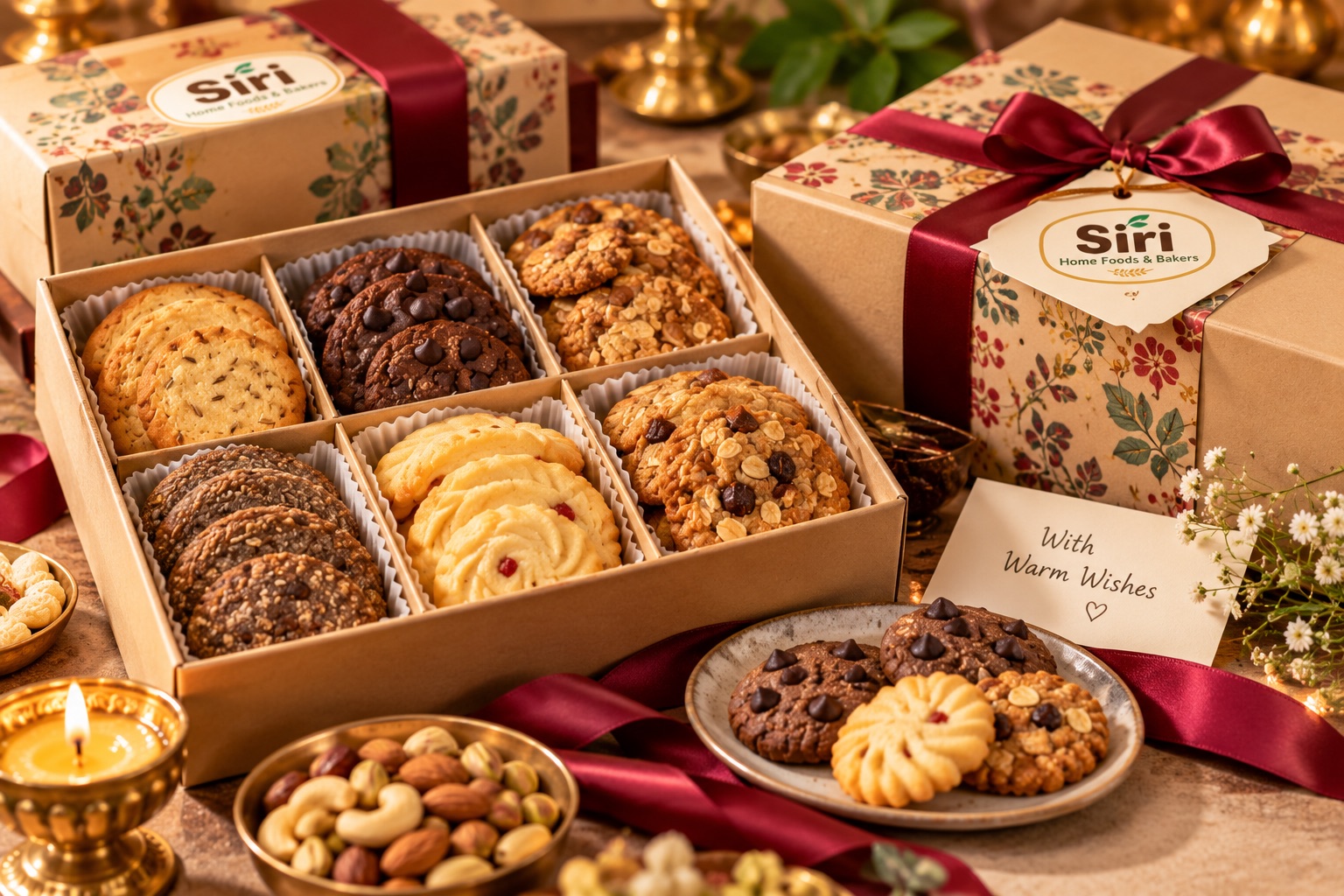 Siri Home Foods gift boxes filled with assorted cookies, tied with ribbon