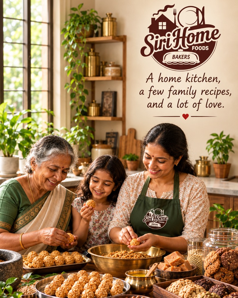 Three generations of the family rolling ladoos together in the Siri Home Foods kitchen